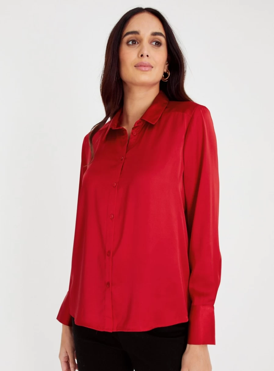 "Tu Women's Red Satin Shirt - Elegant Long Sleeve Blouse for Women"