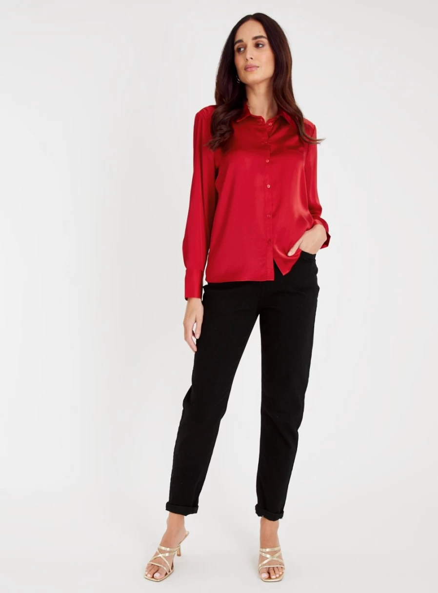 "Tu Women's Red Satin Shirt - Elegant Long Sleeve Blouse for Women"