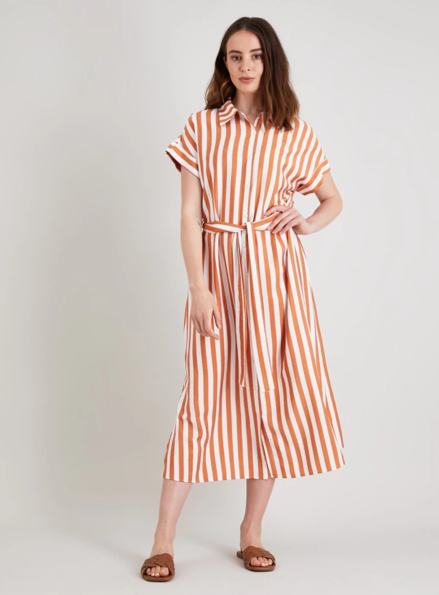 Tu Women's Brown & White Striped Midi Shirt Dress - Size 10 Casual Elegant Style