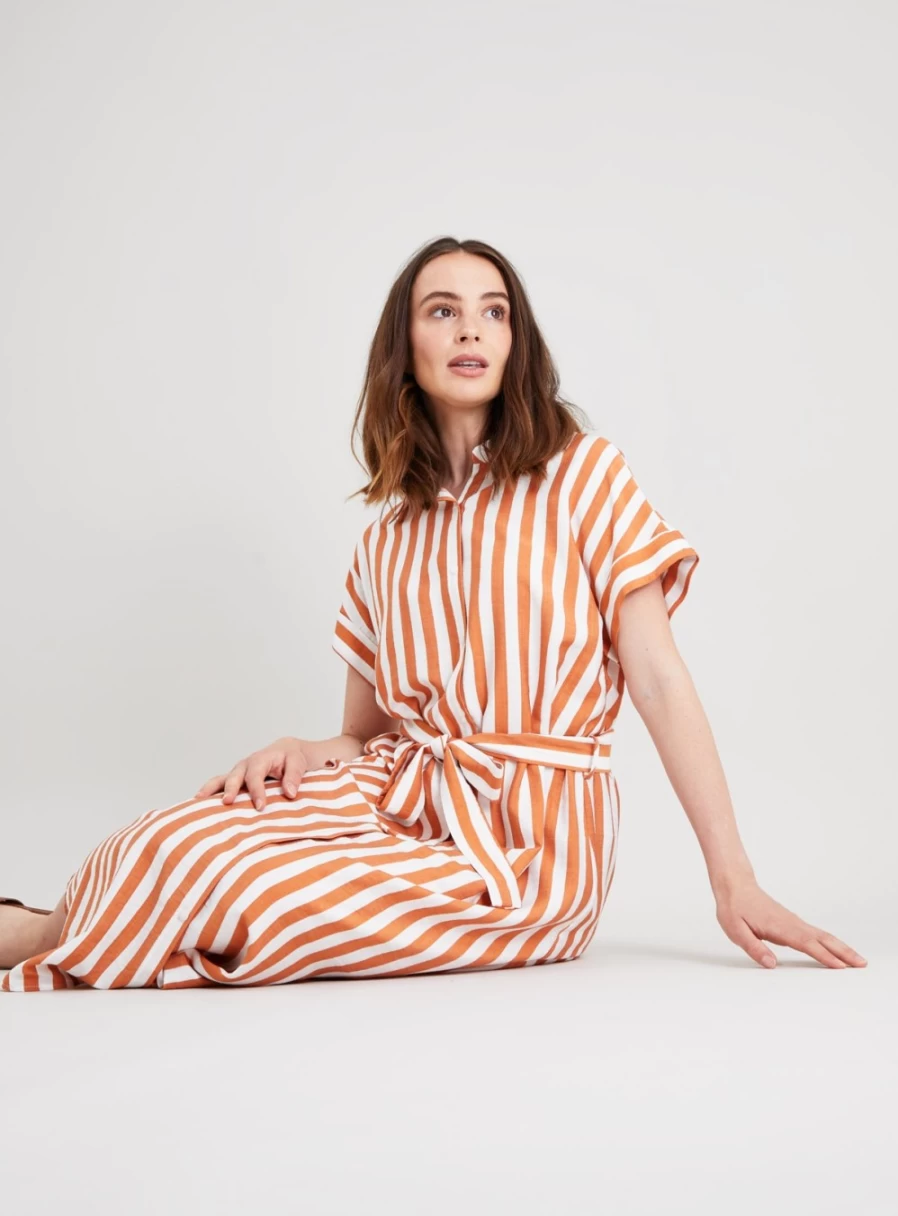 Tu Women's Brown & White Striped Midi Shirt Dress - Size 10 Casual Elegant Style