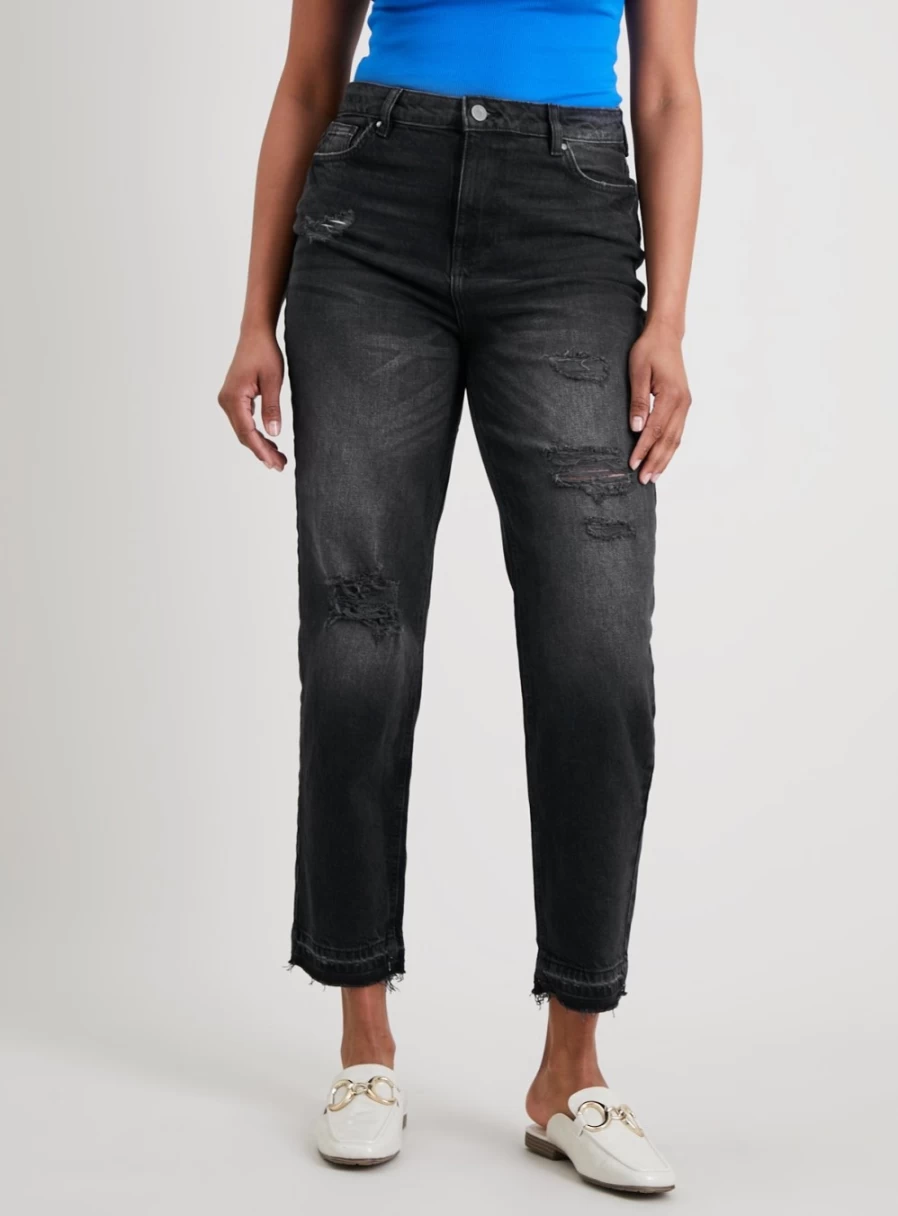 Women's Black Distressed Tapered Jeans - Tu Brand High-Quality Wash Denim Pants