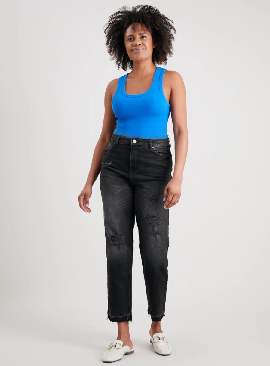 Women's Black Distressed Tapered Jeans - Tu Brand High-Quality Wash Denim Pants