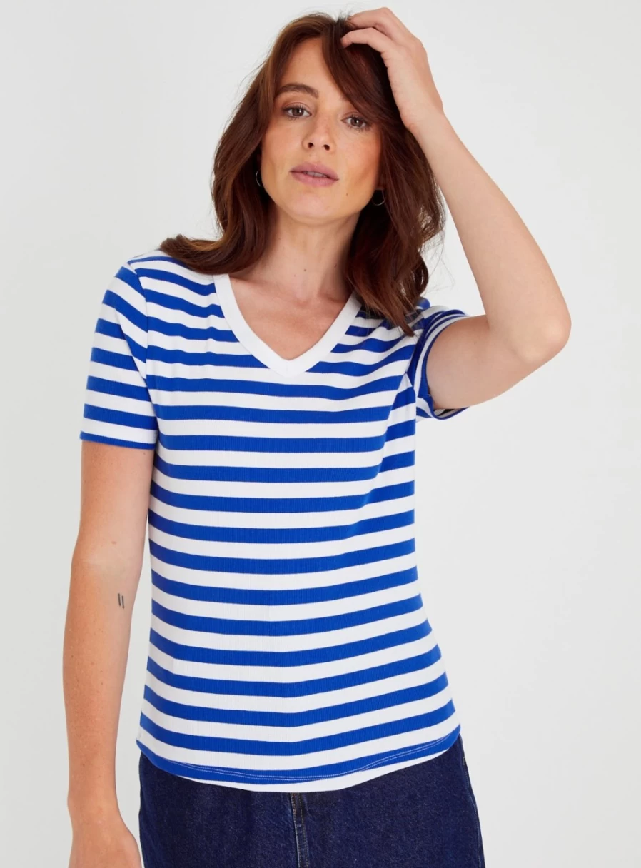 Tu Women's Slim Fit Blue & White Striped V-Neck T-Shirt - Casual Comfort Top
