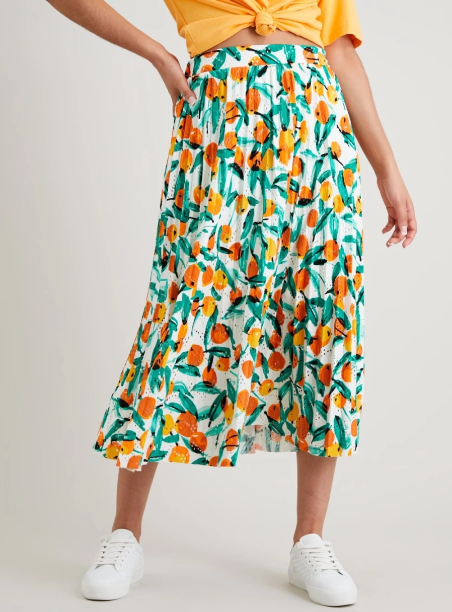 Tu Women's Floral Embroidered Midi Skirt - Fruit Print Summer Skirt