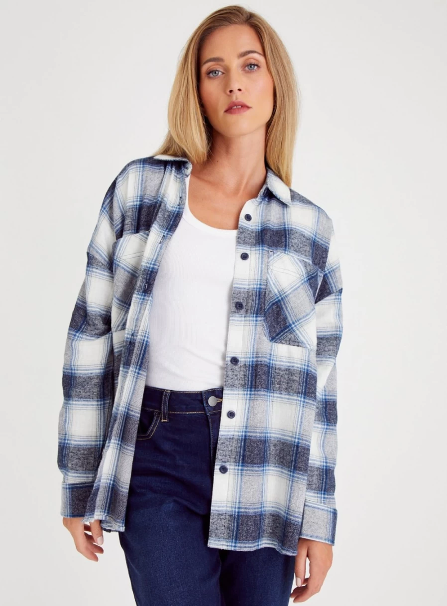 Tu Women's Blue Oversized Check Shirt - Casual Long Sleeve Plaid Top Size 8