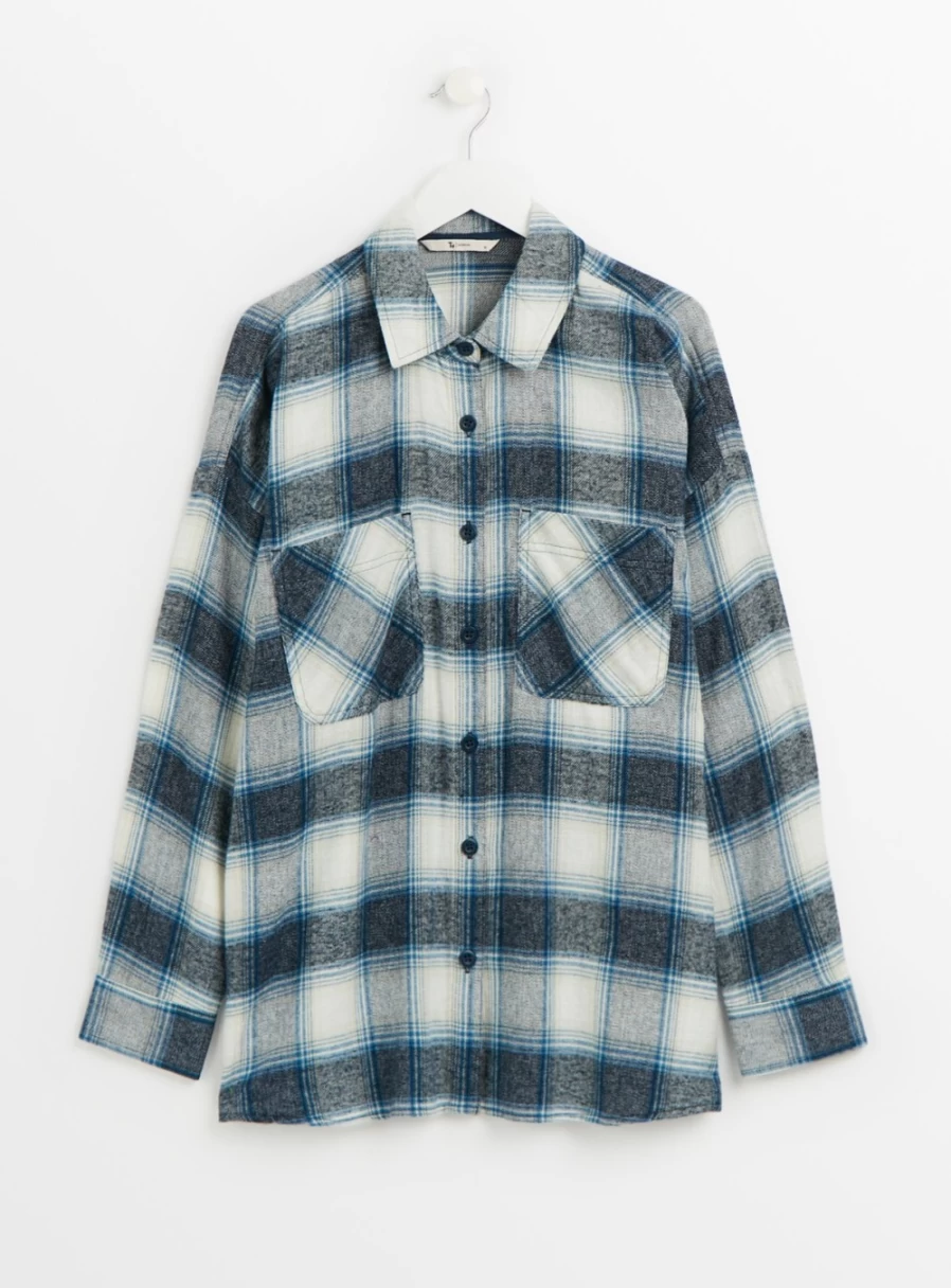 Tu Women's Blue Oversized Check Shirt - Casual Long Sleeve Plaid Top Size 8