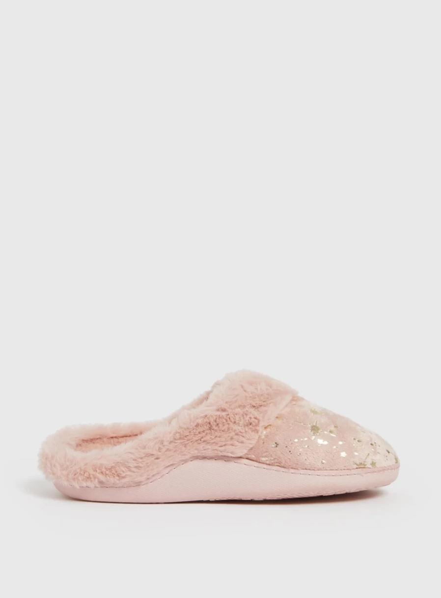 Tu Women's Pink Foil Star Memory Foam Mule Slippers - Comfortable House Shoes for Women
