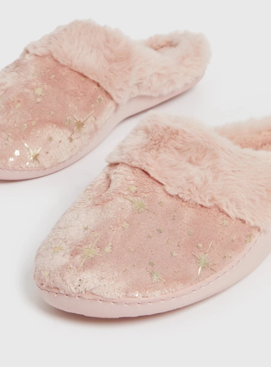 Tu Women's Pink Foil Star Memory Foam Mule Slippers - Comfortable House Shoes for Women