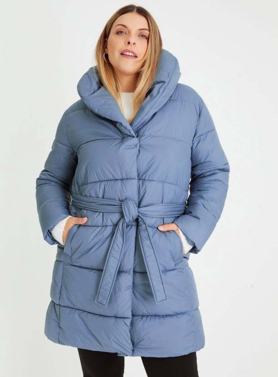 Tu Women's Steel Blue Shawl Collar Padded Duvet Coat - Winter Warm Quilted Jacket
