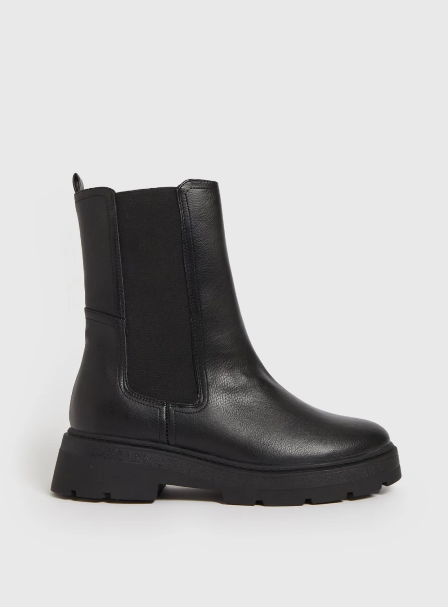 Tu Women's Black Faux Leather Chunky Heel Longline Chelsea Boots - Stylish Pointed Toe Ankle Booties for Fall Winter