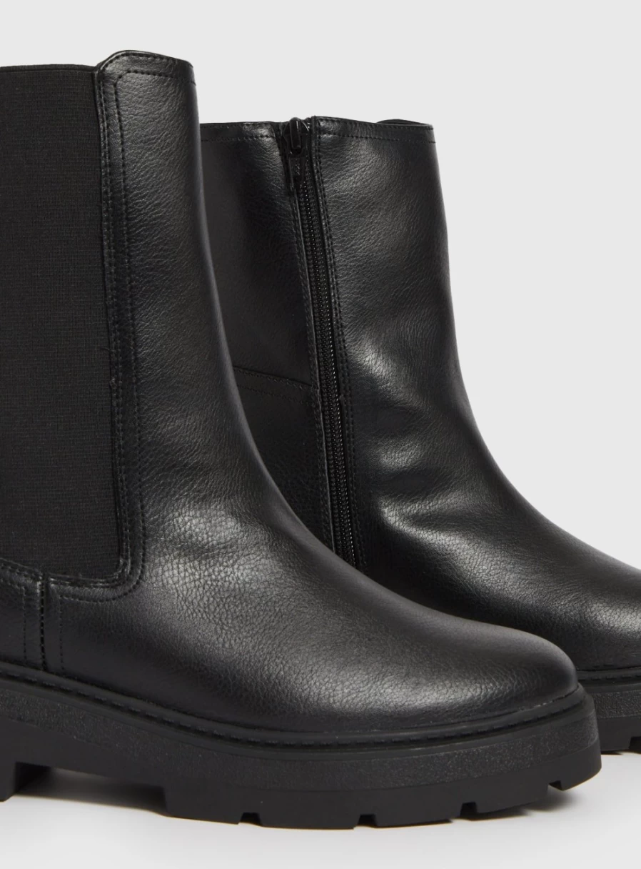 Tu Women's Black Faux Leather Chunky Heel Longline Chelsea Boots - Stylish Pointed Toe Ankle Booties for Fall Winter