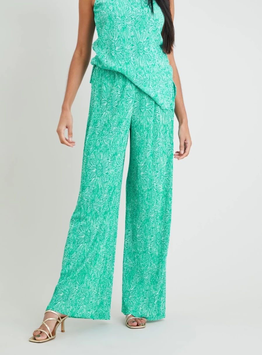 Tu Women's Green Floral Print Plisse Wide Leg Palazzo Trousers - 8L High Waist Comfort Fit