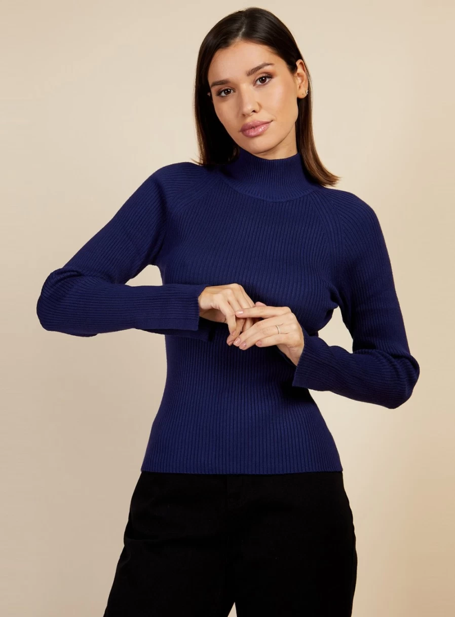 Vogue Women's Navy Ribbed Knit Top L - Stylish Crewneck Long Sleeve Shirt