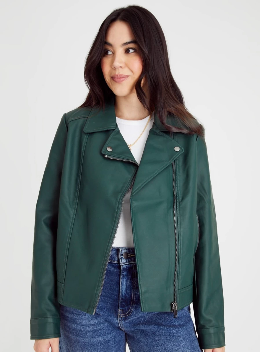 Tu Women's Green PU Leather Biker Jacket - Stylish Motorcycle Coat 24