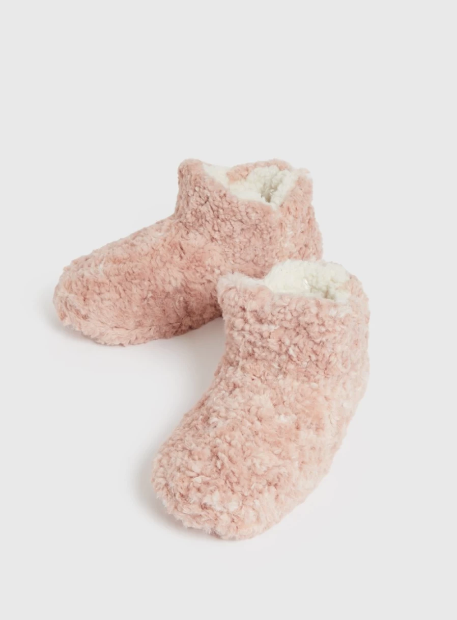 Tu Women's Pink Fuzzy Borg Slipper Boots - Cozy Indoor/Outdoor Winter Slides Size L