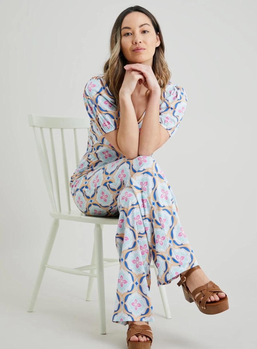 Tu Women's Blue Floral Print Crinkle Jumpsuit - Size 14, Tile Pattern Design