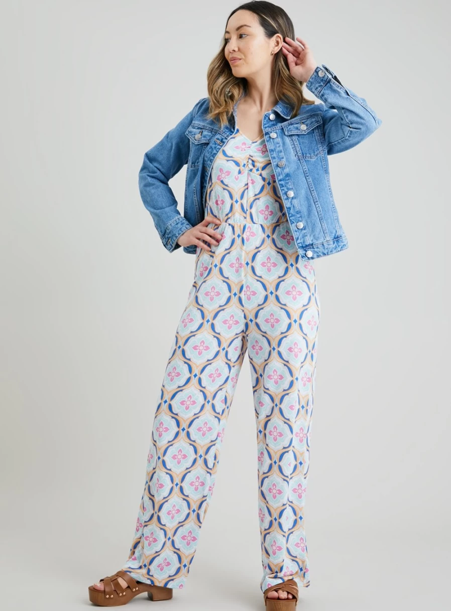 Tu Women's Blue Floral Print Crinkle Jumpsuit - Size 14, Tile Pattern Design