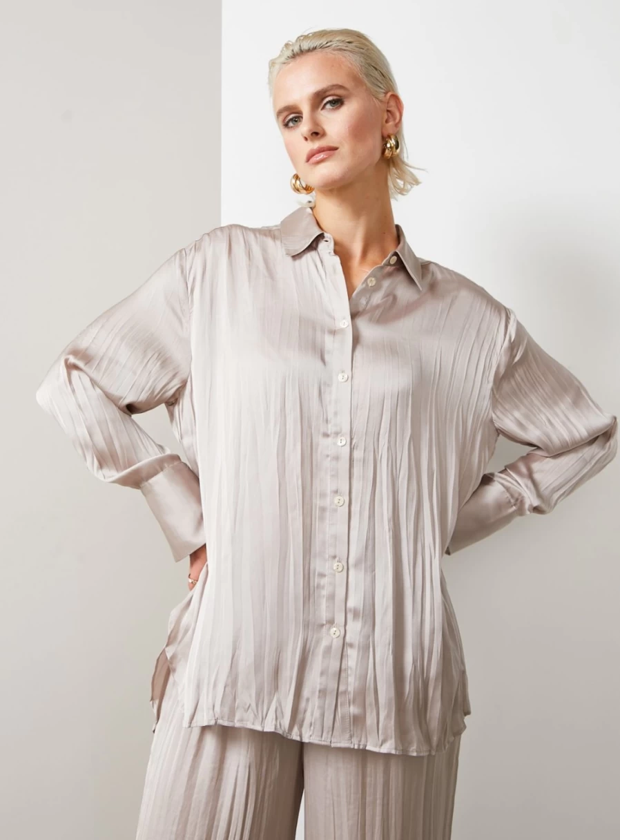 "For All The Love Women's Brown Crushed Satin Shirt & Shorts Co-Ord Set"