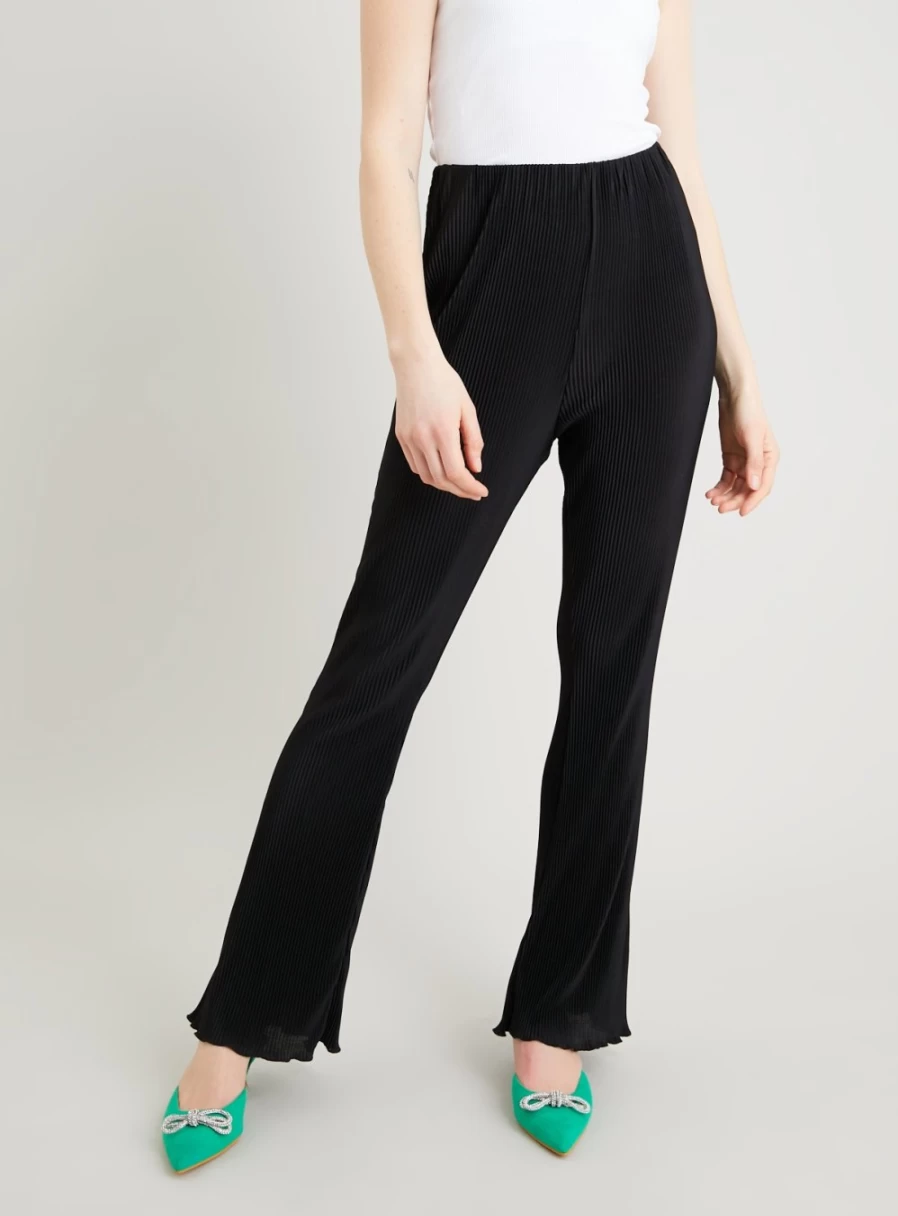 Tu Women's Black Plisse Flared Trousers - High Waist Wide Leg Pants for Women