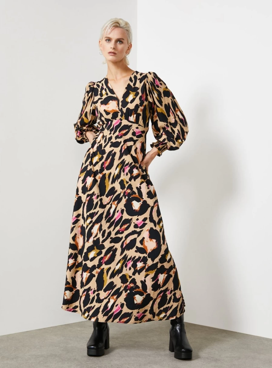 "For All The Love Women's Leopard Print V-Neck Midaxi Dress with Voluminous Sleeves - Size 12"