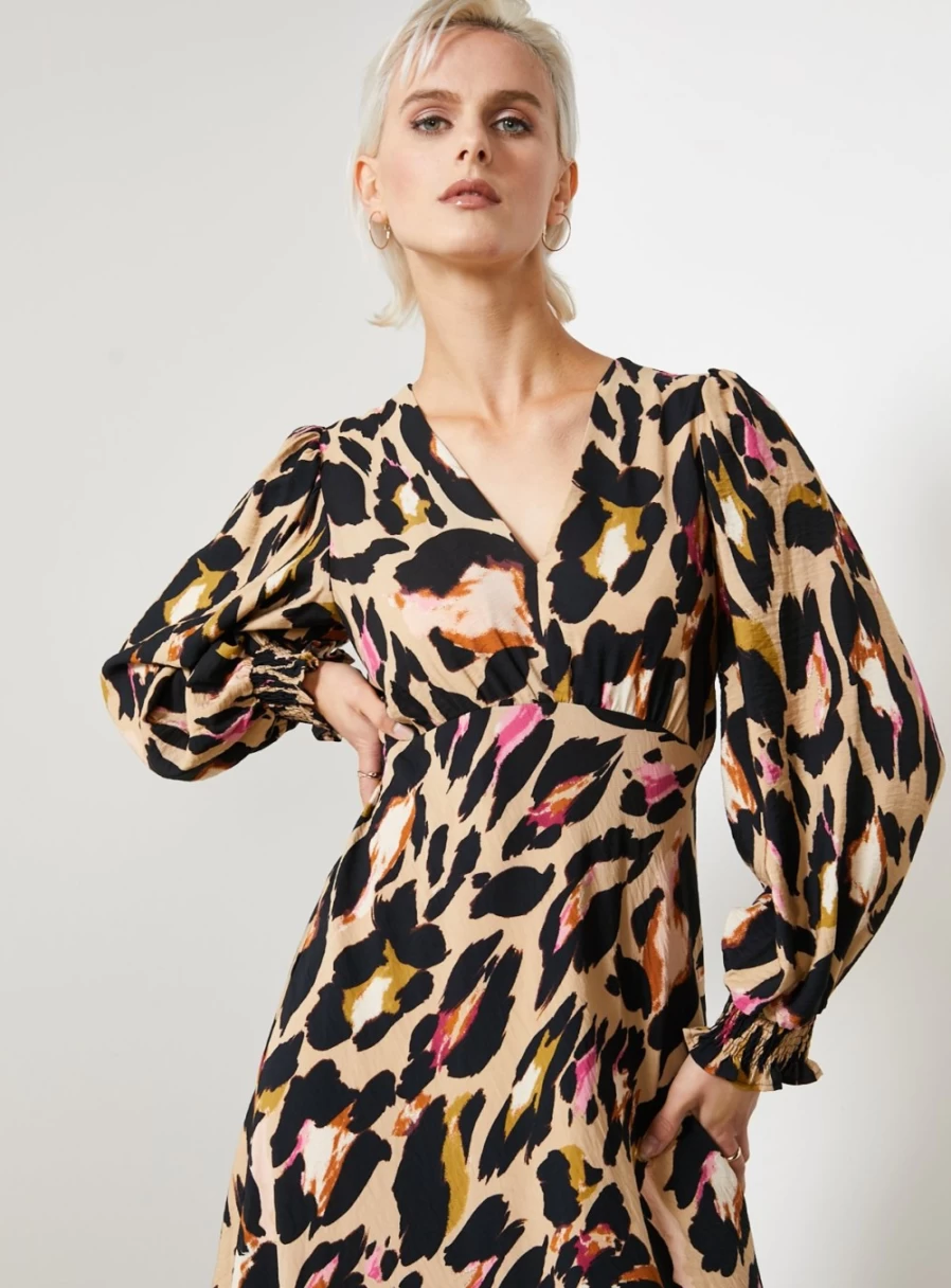 "For All The Love Women's Leopard Print V-Neck Midaxi Dress with Voluminous Sleeves - Size 12"