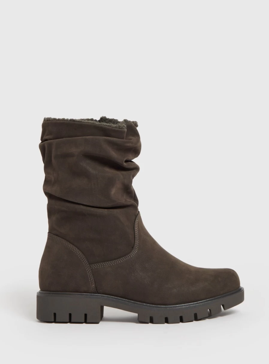 Tu Women's Grey Ruched Calf-Length Boots - Stylish Mid-Calf Booties with Ruffled Detail