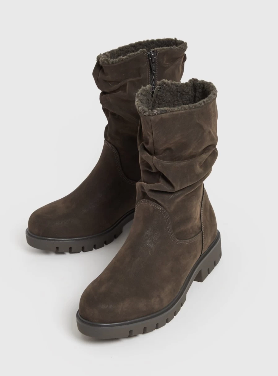 Tu Women's Grey Ruched Calf-Length Boots - Stylish Mid-Calf Booties with Ruffled Detail