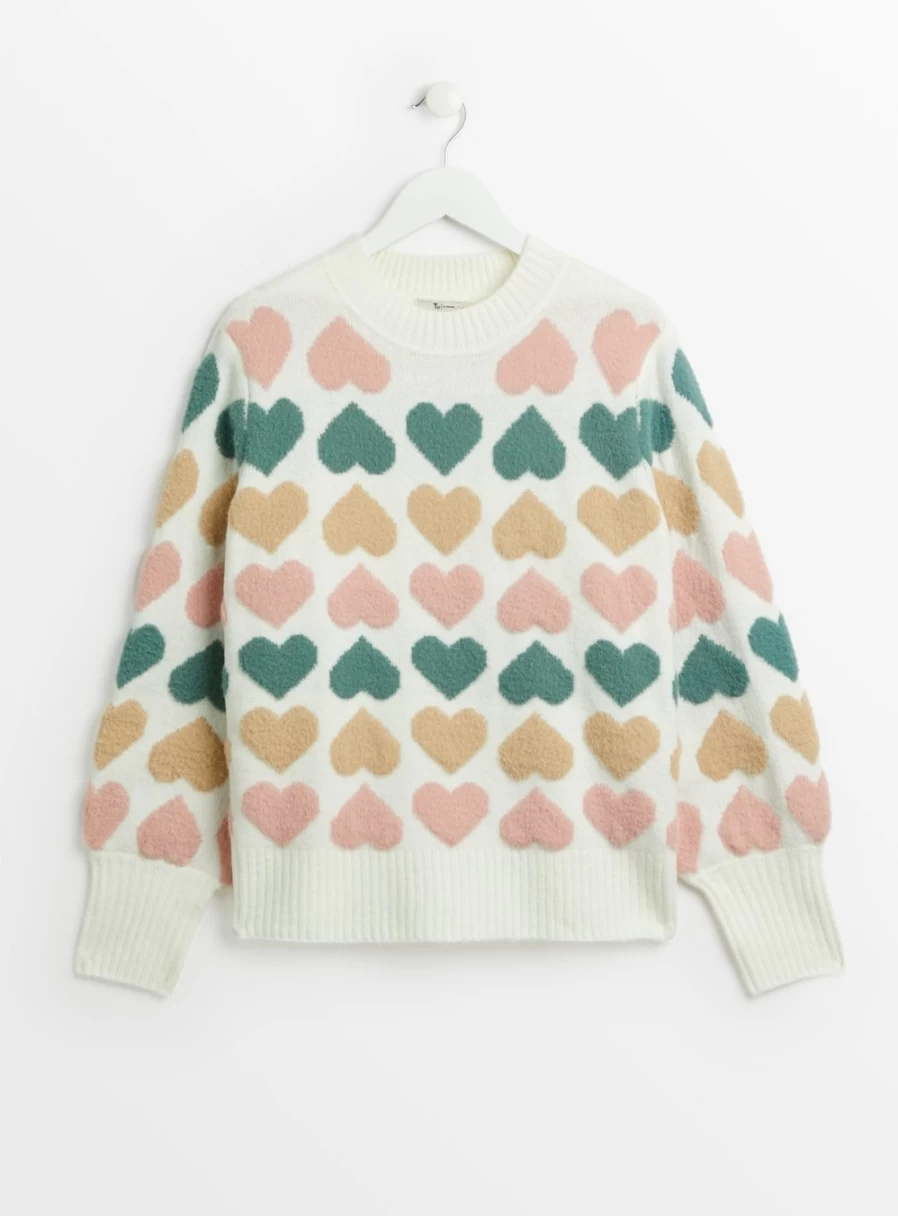 Tu Women's White Jacquard Knit Jumper with Heart Pattern - Elegant Feminine Sweater