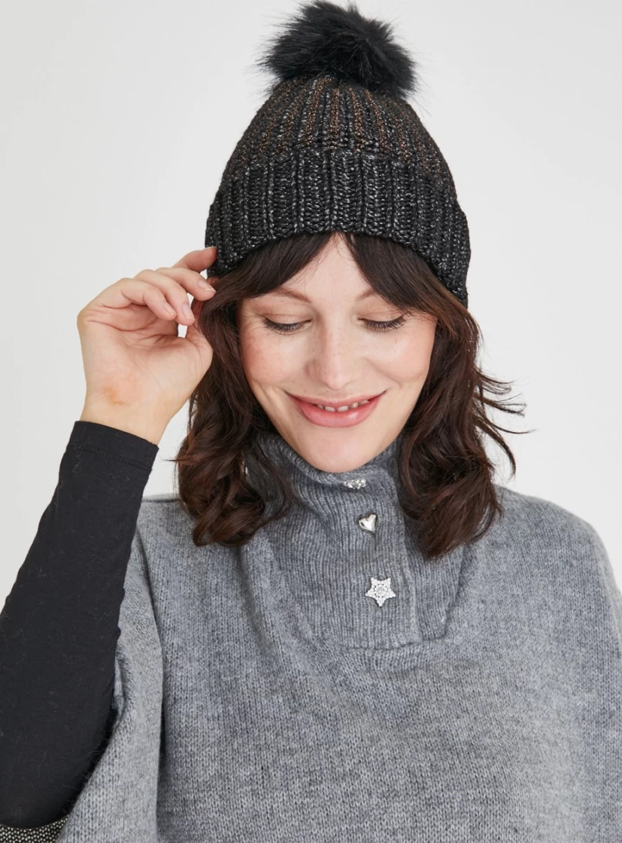 "Tu Women's Black Metallic Pom Pom Beanie - One Size Winter Knit Hat"