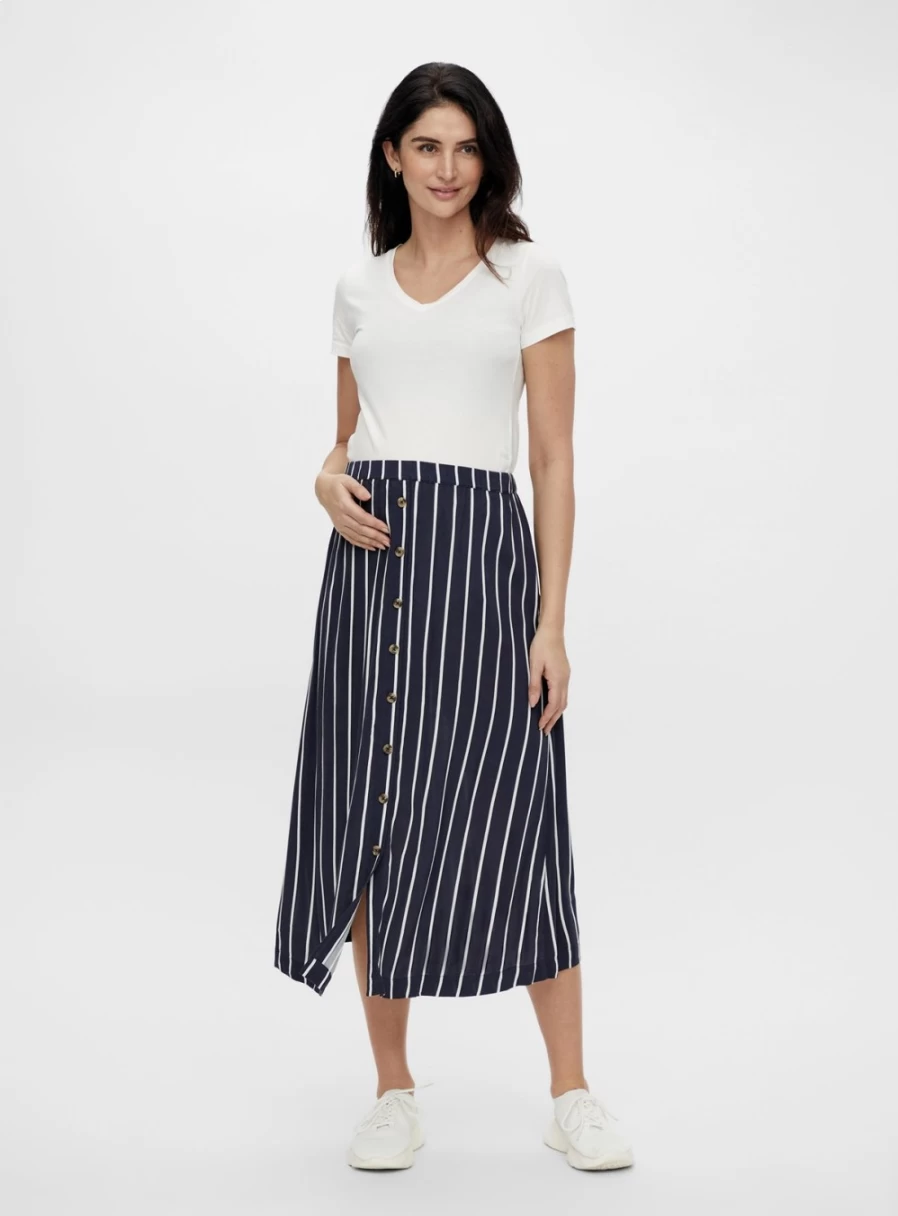 MAMALICIOUS Women's Navy Striped Maternity Midi Skirt - Size M/UK10 for Pregnancy Comfort