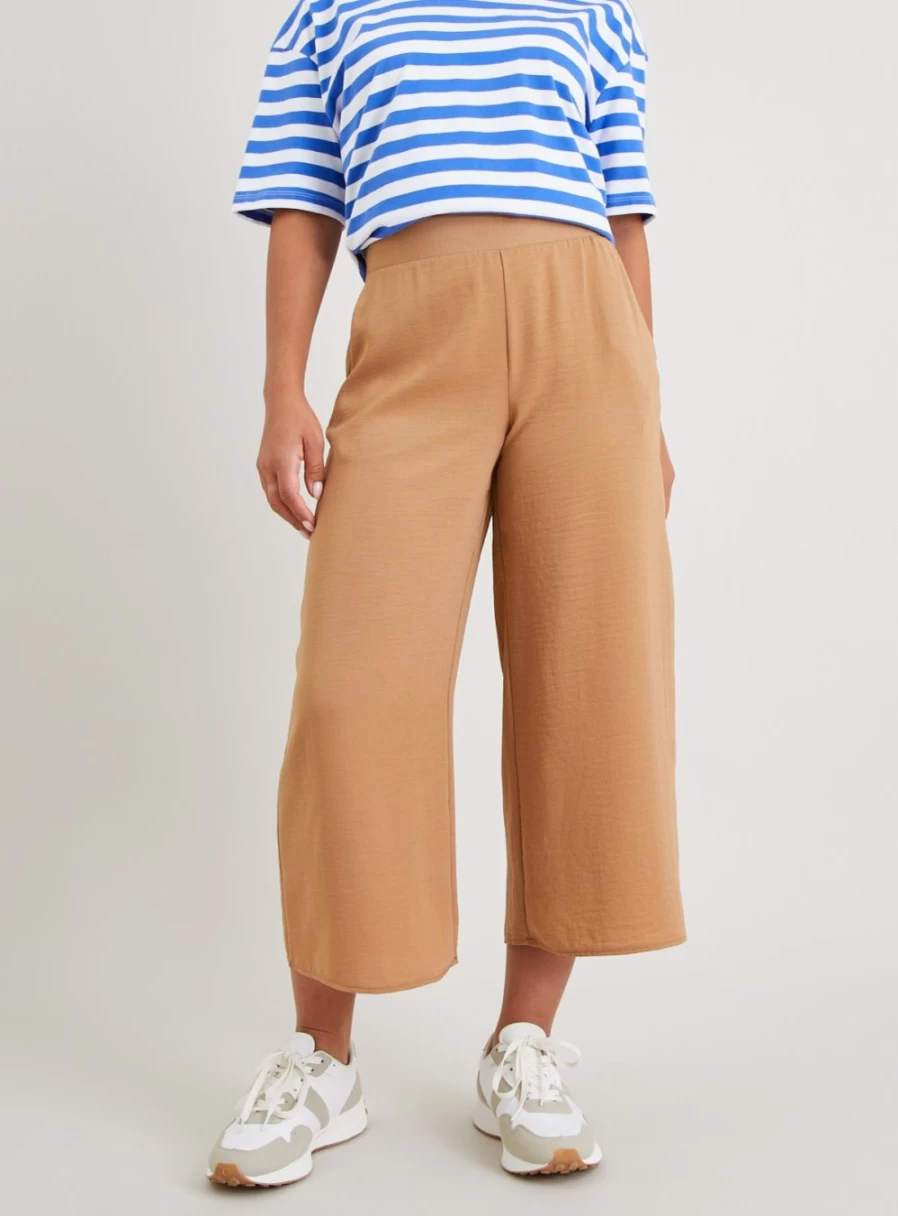 Tu Women's High-Waisted Tan Wide Leg Cropped Pants - 12 Inch Casual Summer Trousers
