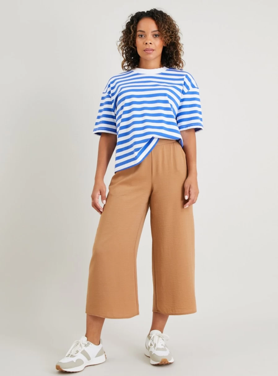 Tu Women's High-Waisted Tan Wide Leg Cropped Pants - 12 Inch Casual Summer Trousers