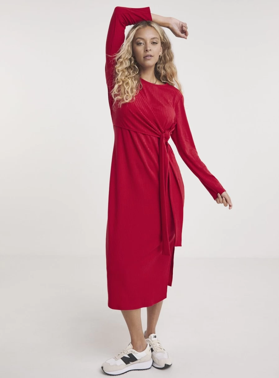 Simply Be Women's Red Ribbed Wrap Midi Dress - Stylish & Comfortable Outfit