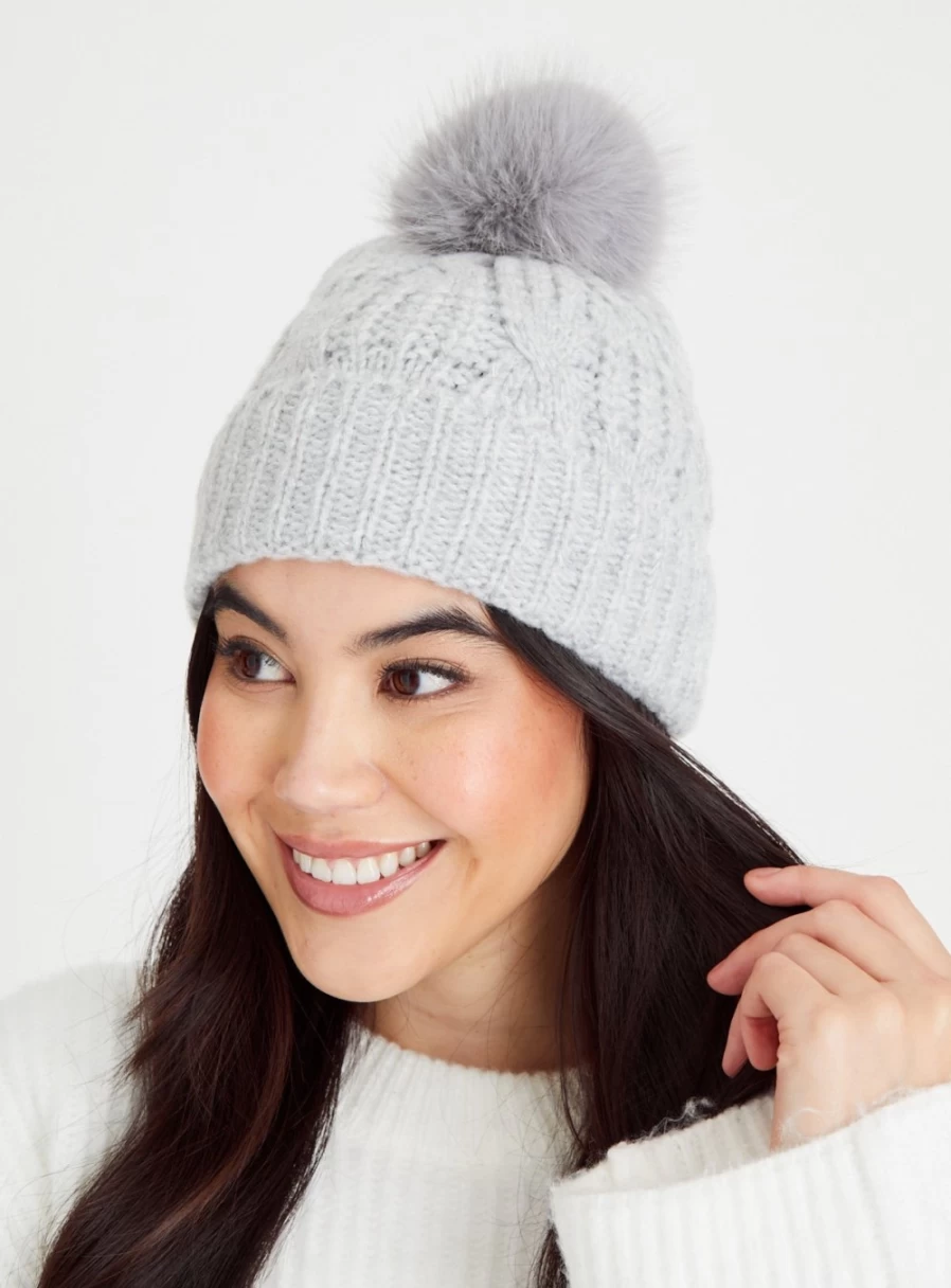 "Tu Women's Grey Cable Knit Pom Pom Beanie Hat - One Size Cozy Winter Hat"