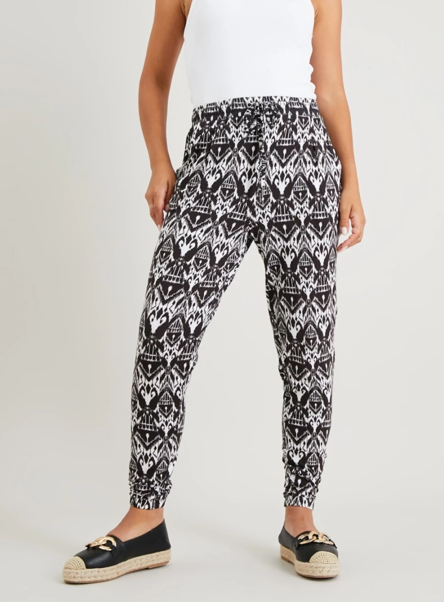 "TU Women's Mono Ikat Print Drapey Trousers - Flowy Boho Chic Pants for Women"
