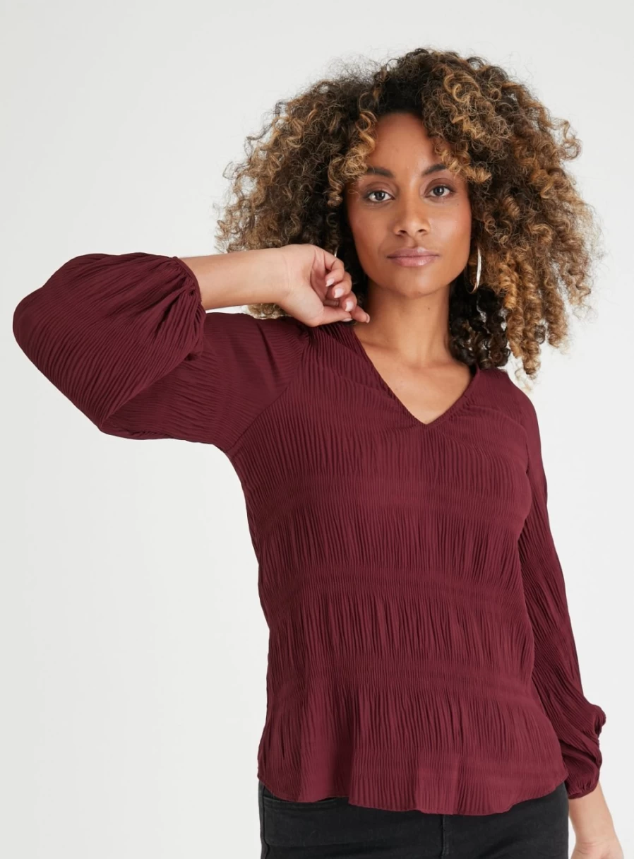 Tu Women's Berry Red V-Neck Textured Blouse - Stylish Casual Top for Women