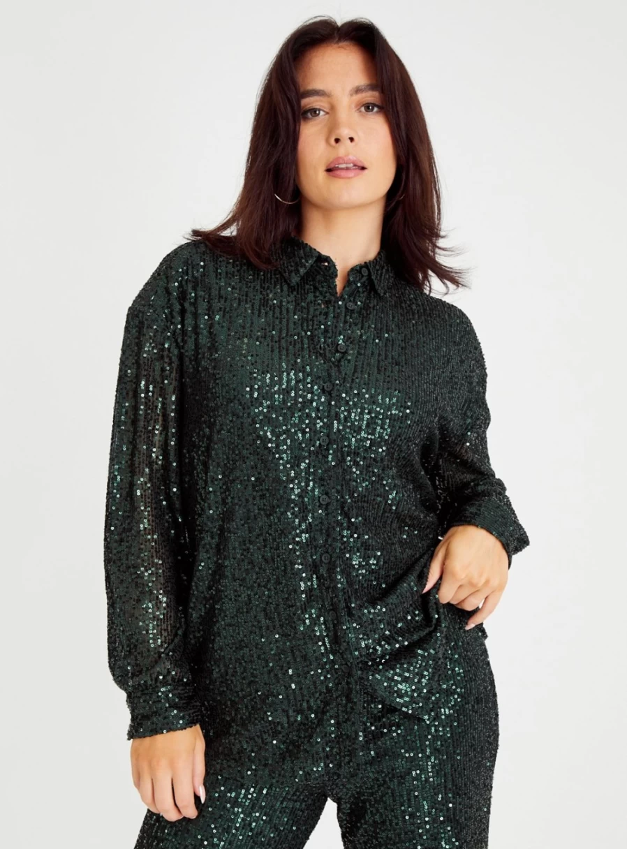 Tu Women's Dark Green Sequin Relaxed Fit Casual Shirt - Size 8
