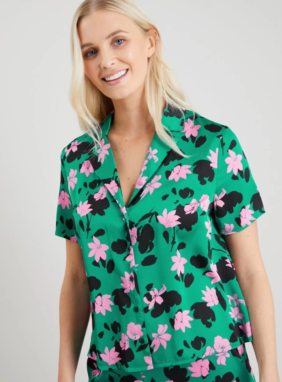 Tu Women's Green Coord Floral Print Boxy Satin Shirt - Size 8, Elegant Flowy Blouse for Casual Wear