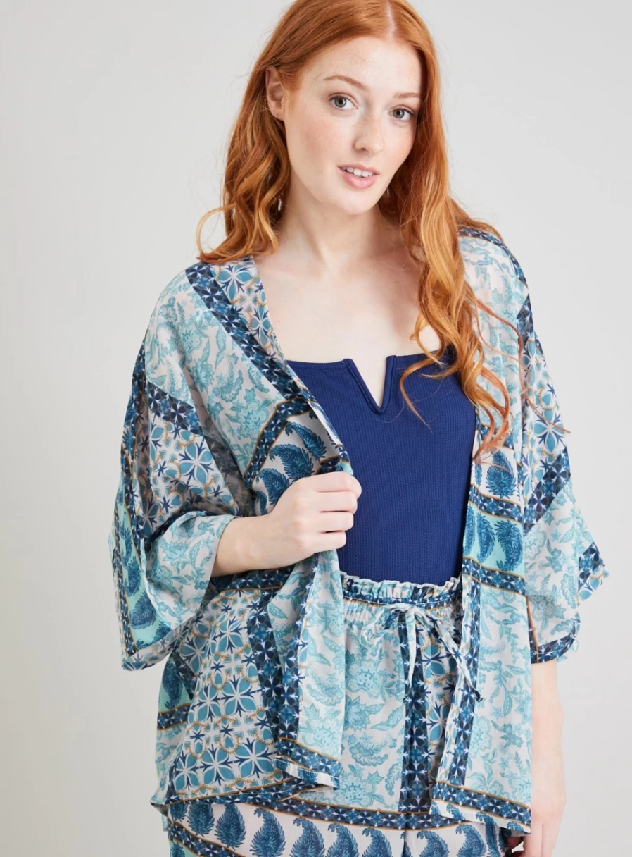 Women's Blue Paisley Print Short Kimono Cover Up - Tu Brand Boho Beachwear Lightweight Summer Wrap
