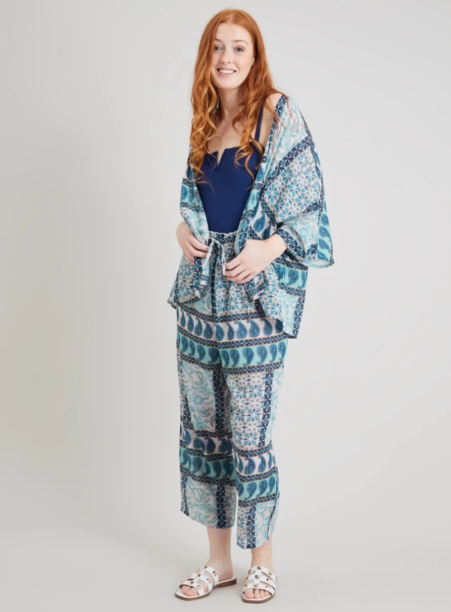 Women's Blue Paisley Print Short Kimono Cover Up - Tu Brand Boho Beachwear Lightweight Summer Wrap