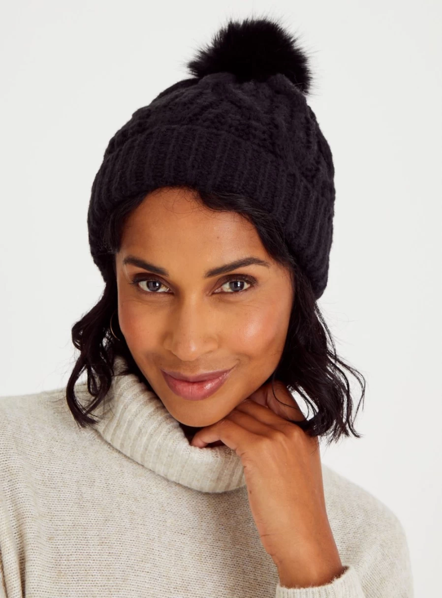 "Tu Women's Black Cable Knit Beanie with Pom Pom - One Size Winter Hat"