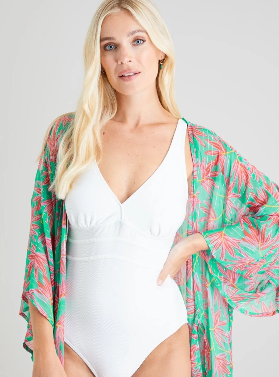 "Tu Women's Green & Red Leaf Print Longline Cover Up Swimsuit Beach Dress XS"