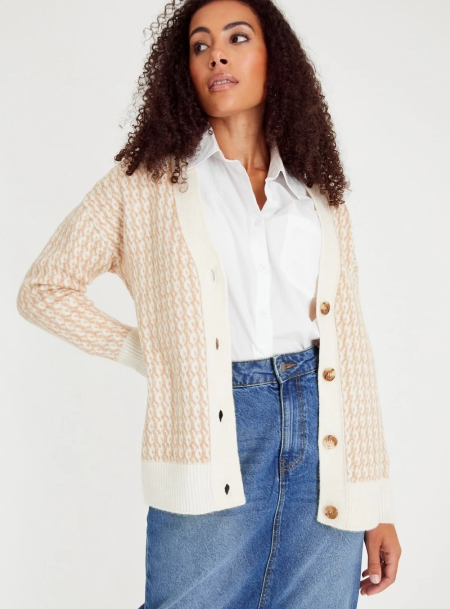 "Tu Women's Cream & Oatmeal Jacquard Knit Cardigan – Cozy Winter Sweater 2022"