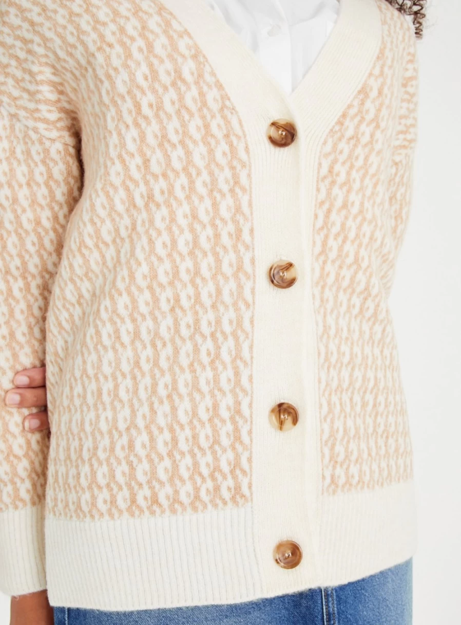 "Tu Women's Cream & Oatmeal Jacquard Knit Cardigan – Cozy Winter Sweater 2022"
