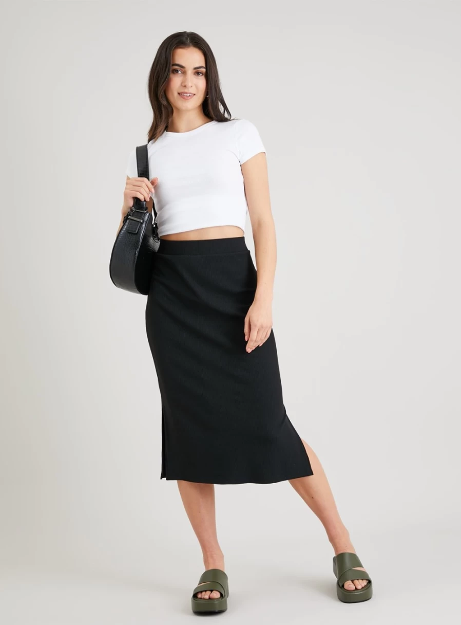 Tu Women's Black Ribbed Column Skirt - Slim Fit High Waist Pencil Skirt Size 12