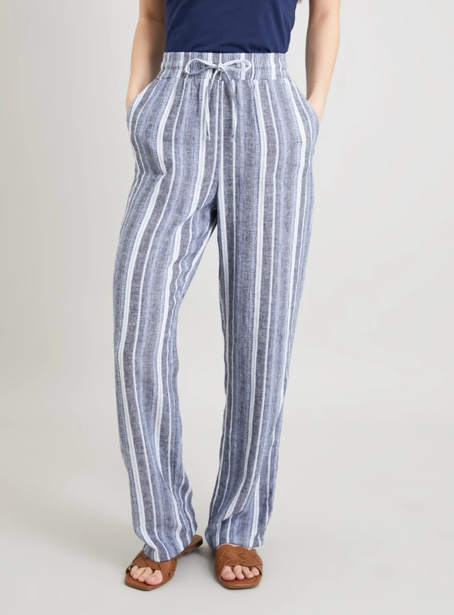 Tu Women's Navy Striped Wide Leg Linen Blend Trousers - Size 14 Comfort Fit
