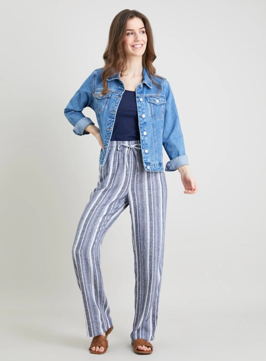 Tu Women's Navy Striped Wide Leg Linen Blend Trousers - Size 14 Comfort Fit