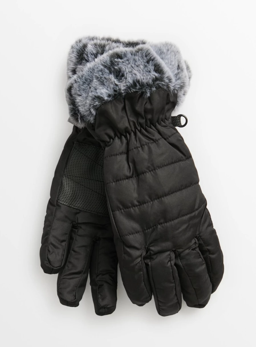 Tu Women's Black Faux Fur Winter Gloves with Padded Cuff - One Size Cozy Fashion Handwear