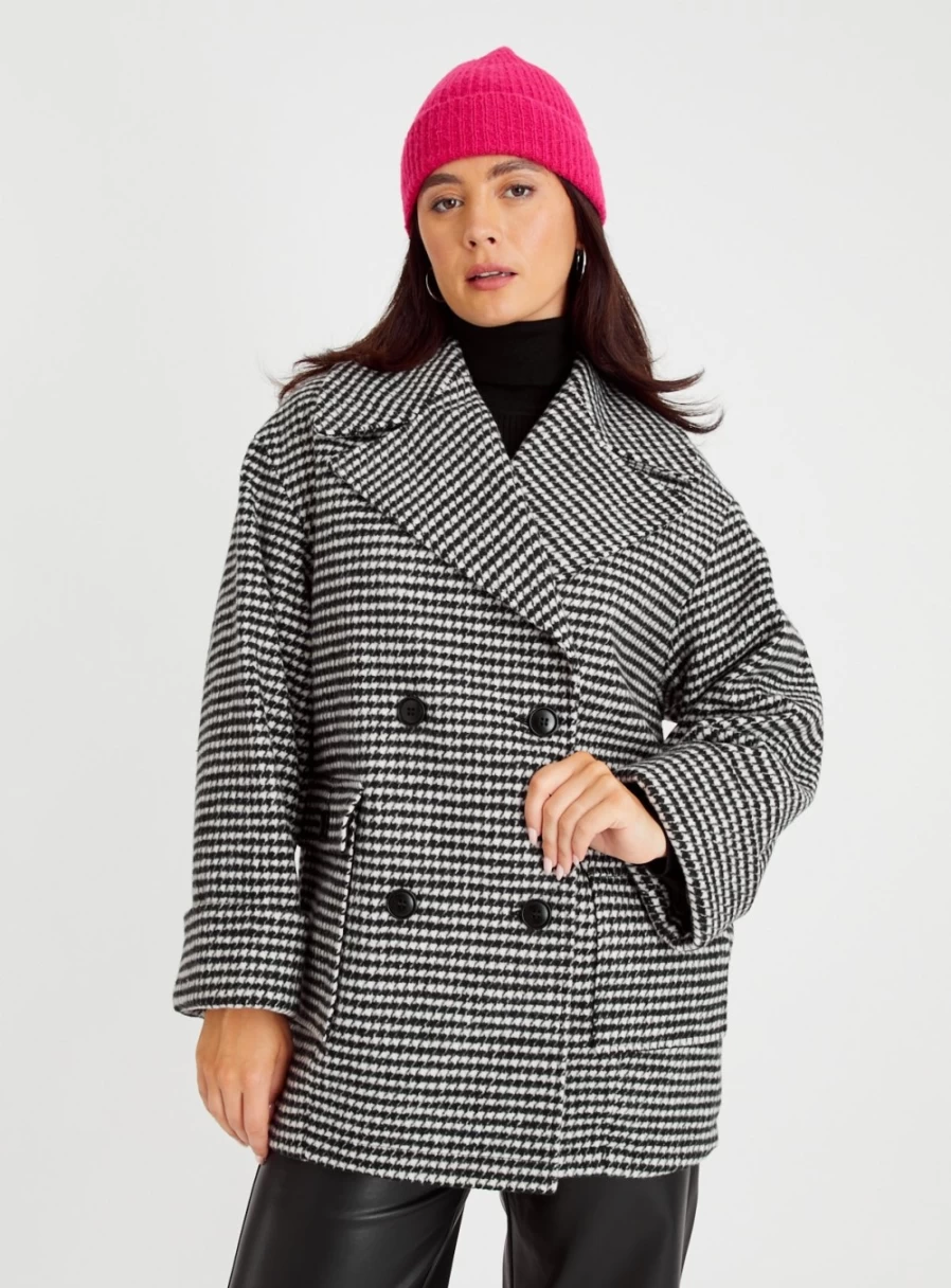 Tu Women's Mono Dogtooth Double Breasted Coat - Classic 8-Button Wool Blazer for Office Wear