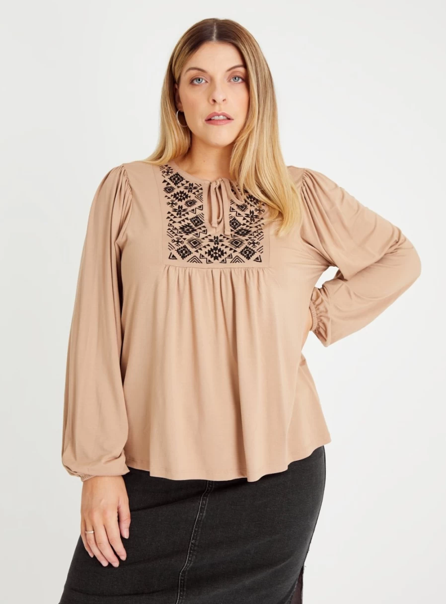 "Tu Women's Beige Embroidered Relaxed Fit Top - Size 14 Casual Boho Blouse"